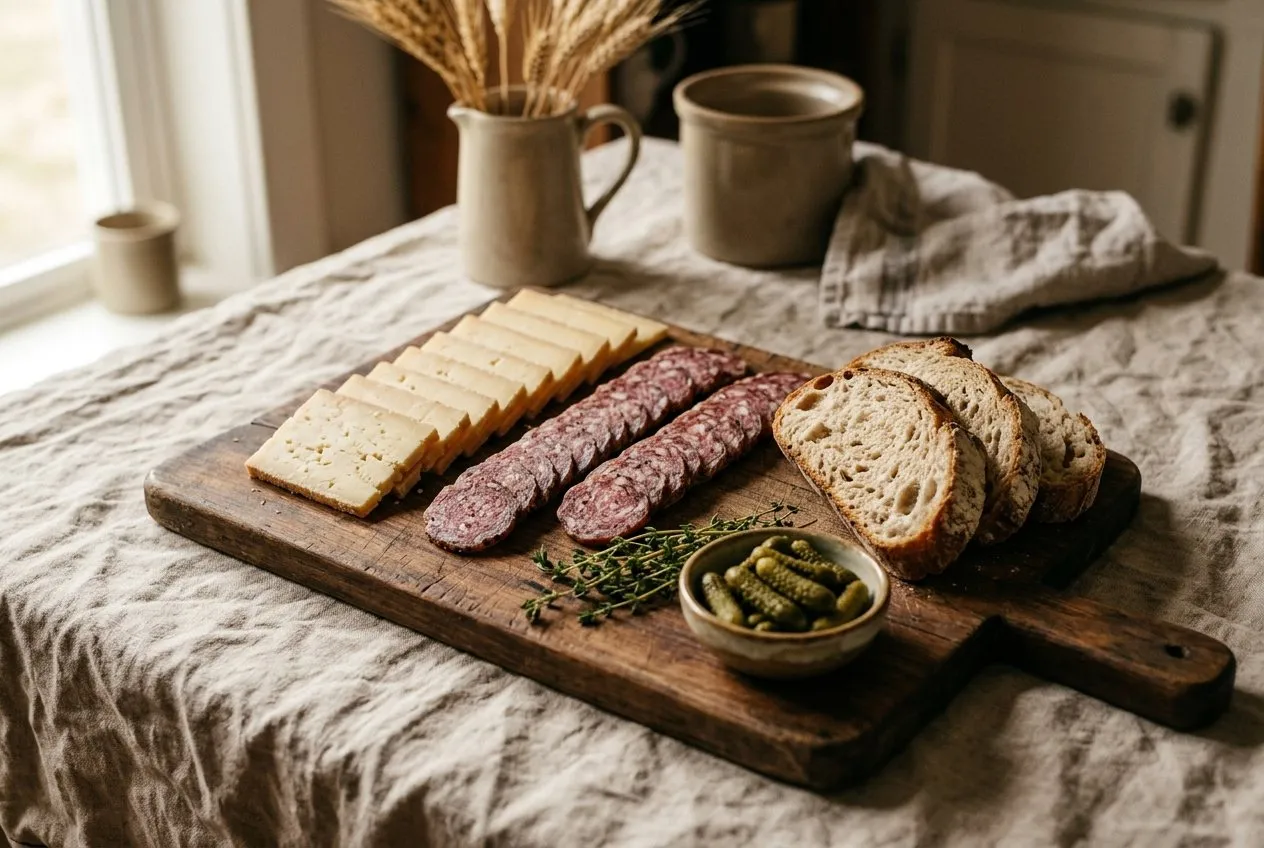 Holzbrett mit Hartkäse, Salami und Bauernbrot