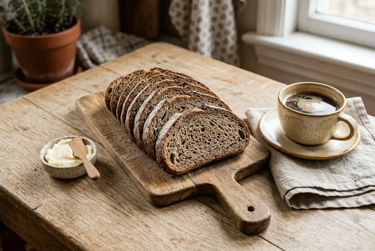 Frühstückstisch mit gleich dicken Roggenbrotscheiben
