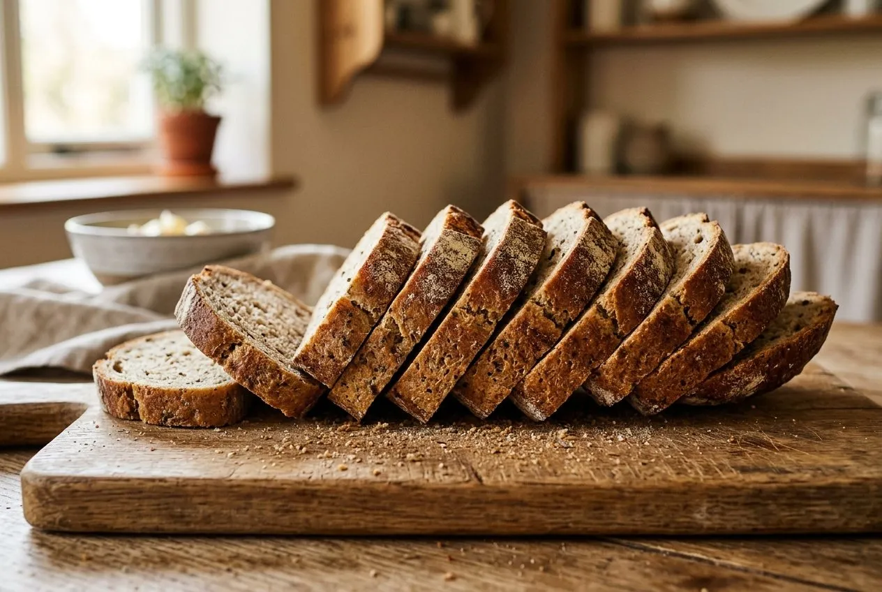 Reihe gleich dicker Mischbrotscheiben auf einem Holzbrett