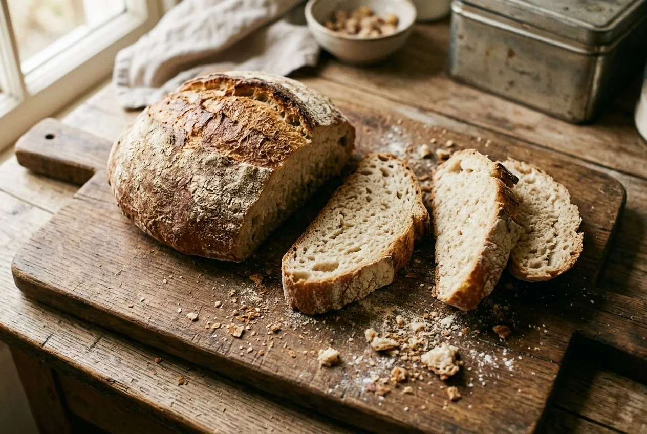 Angeschnittenes Landbrot mit unterschiedlich dicken Scheiben und Krümeln auf einem Holzbrett